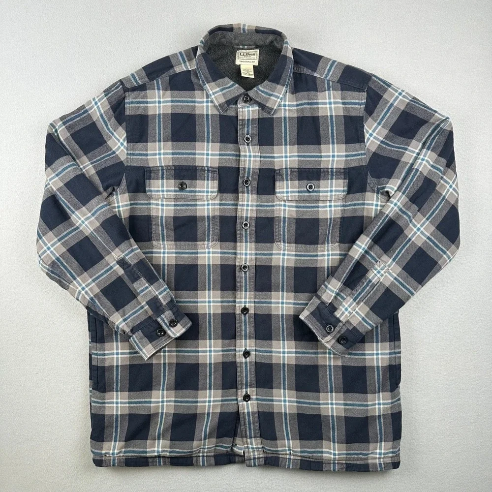LL Bean Fleece Lined Flannel Shirt Jacket Mens L Tall Navy Blue Plaid 298190